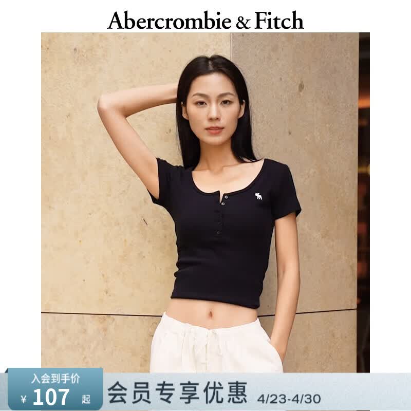 Abercrombie &amp; Fitch【多色亨利领】小麋鹿图案女装25夏季修身短袖T恤 黑色 L (165/104A)