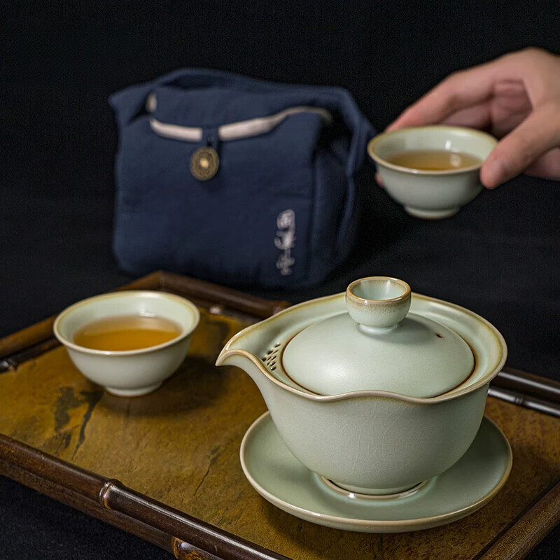 何佳功汝窑旅行茶具套组户外可携式泡茶杯汝瓷手抓盖碗景德镇陶瓷礼盒装 知行旅行茶组