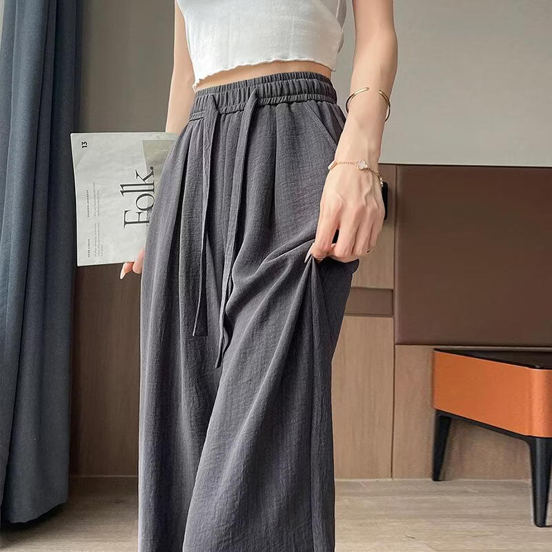 BURQAMARCH冰丝阔腿裤女夏季薄款扎染褶皱肌理感休闲裤子高腰抽绳纯色直筒裤 黑色 XL （建议120-140斤）