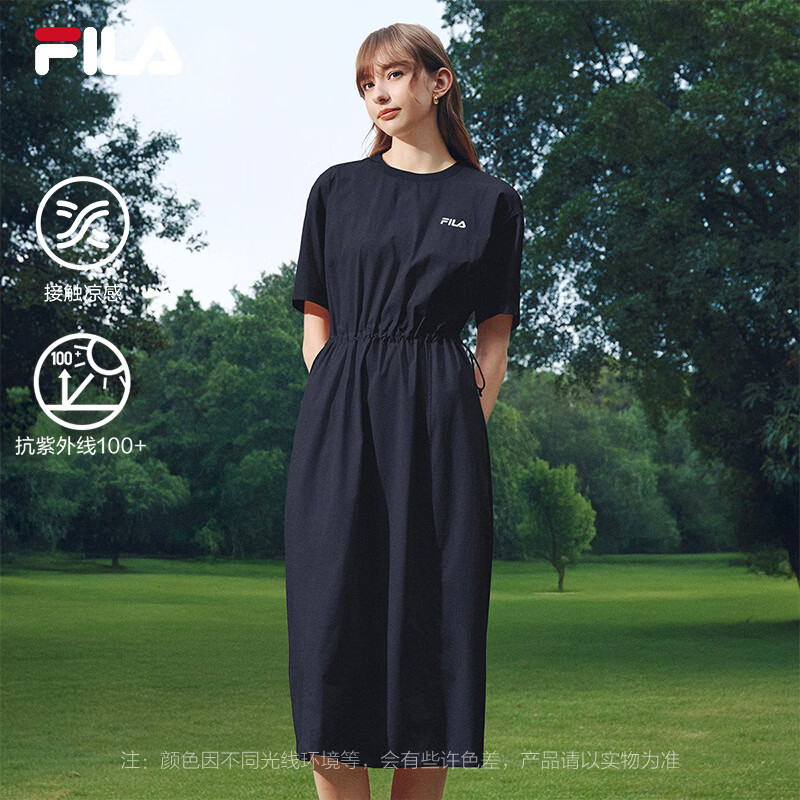 FILA斐乐梭织连衣裙女2026夏季新款休闲通勤简约显瘦长裙T恤裙子 正黑色-BK M 165/84A/M