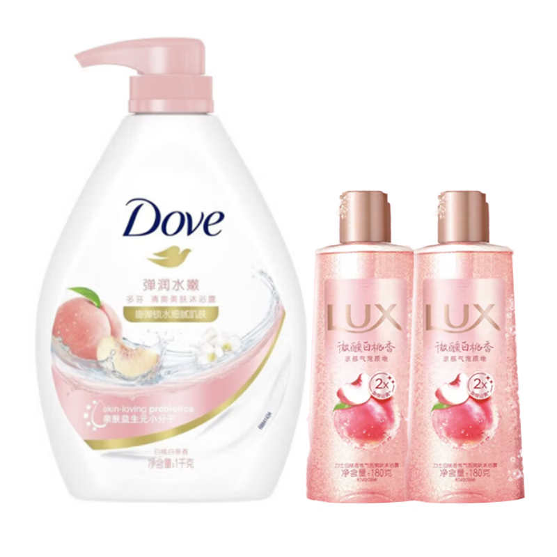 多芬（Dove）弹润水嫩清爽美肤沐浴乳1000g + 白桃香氛气泡沐浴露180g*2