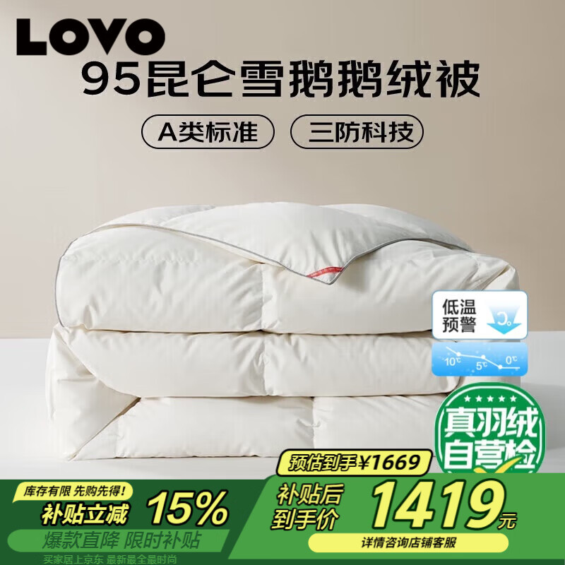 LOVO罗莱 A类 95%白鹅绒羽绒被 春秋被600g填充 220*240cm白色