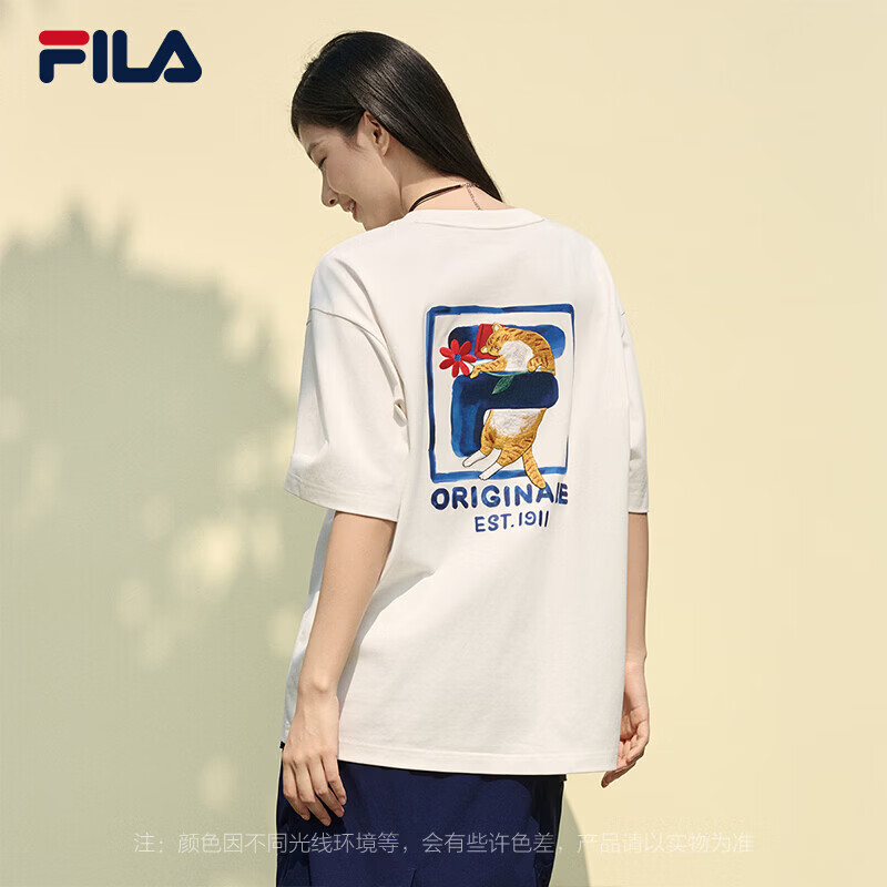 斐乐（FILA）官方情侣针织短袖2026夏新款休闲宽松猫咪刺绣短袖T恤 云菇白-WT XS 160/84A/XS