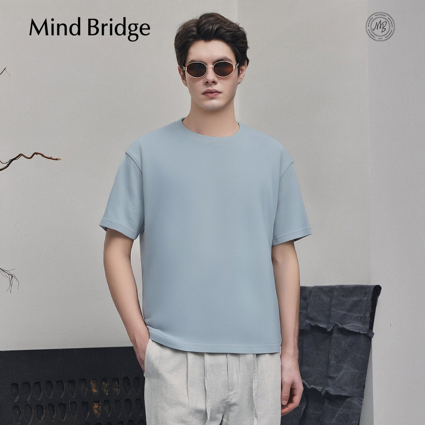 Mind Bridge【重磅纯棉】2026年夏季圆领T恤男女同款休闲纯色短袖 奶蓝 2XL 185/2XL