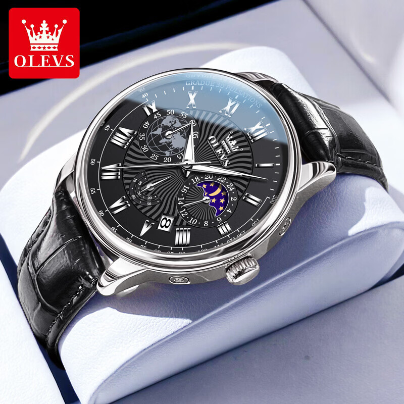 欧利时（OLEVS）高端名表十大品牌2026新款手表男石英表夜光防水潮流多功能男士表 典藏版2893黑皮本黑 免费刻字 终身质保