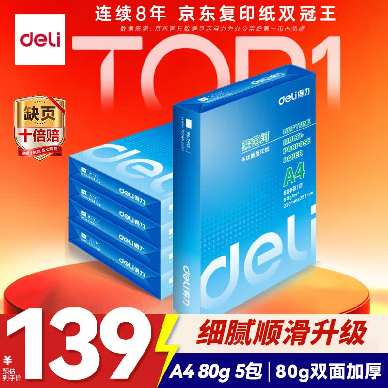 得力（deli）莱茵河A4打印纸 80g500张*5包一箱 口碑优选复印纸 双面加厚草稿纸 整箱2500张 7419【采购优选】