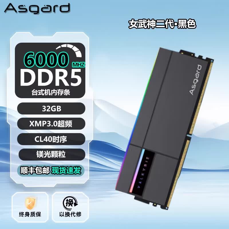 阿斯加特（Asgard）女武神二代 32g(16gx2) ddr5 6400 6800 台式机内存条 女武神二代RGB-黑色 6000 DDR5 32G