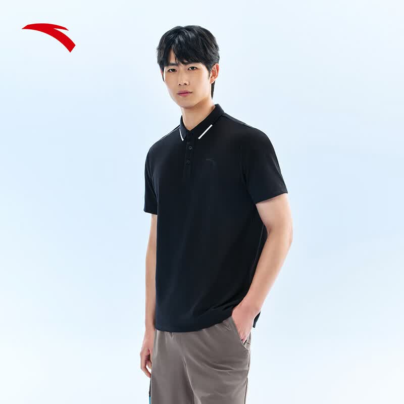 安踏短袖T恤男夏季冰丝凉感翻领纯色POLO衫商务通勤透气运动上衣 基础黑-4 XL (男180)