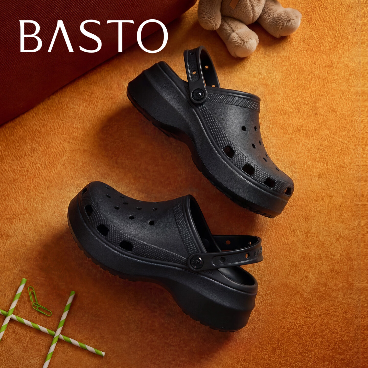 百思图（BASTO）2026新款软底泡芙云朵洞洞鞋外穿时尚女款凉鞋厚底增高凉鞋超舒服 黑色-云朵款-底厚5厘米 39