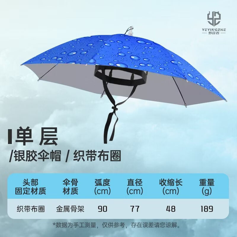 山头林村头戴式雨伞斗笠三折叠伞钓鱼伞帽头戴式雨伞斗笠加大双层便携头顶 二折90CM单层水滴蓝普通伞骨+银胶+编织头套