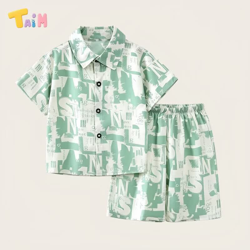 TAIM儿童套装新款韩版短袖短裤衬衫两件套海滩风宝宝衣服 衬衣套装鹦鹉树 80 cm