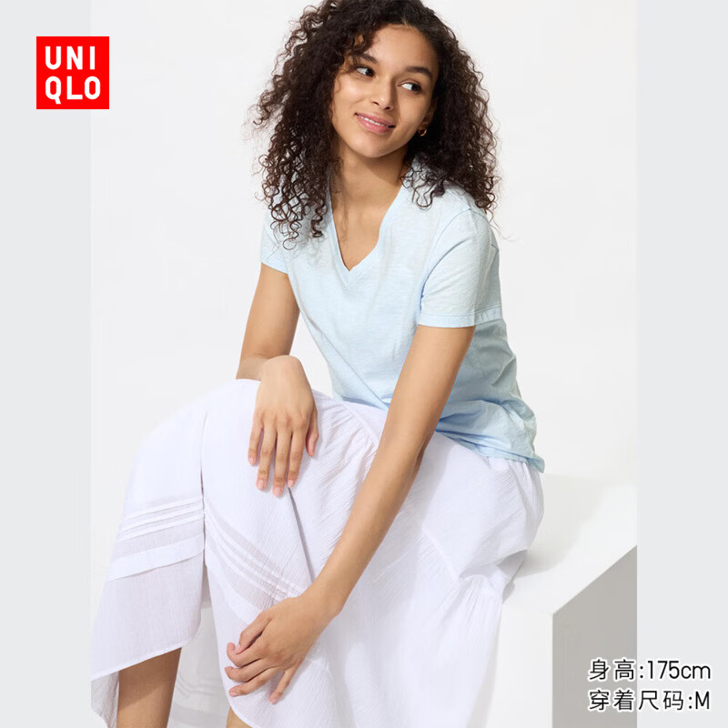 优衣库女装竹节纱V领T恤/短袖/纯棉打底休闲百搭26春夏新款483460 483460/60浅蓝色 L