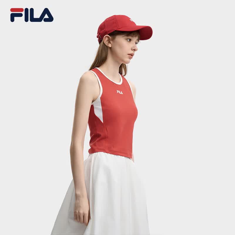 FILA官方女子针织背心2026夏季新款时尚修身带胸垫拼色上衣 烟岩红-WI S 160/80A/S