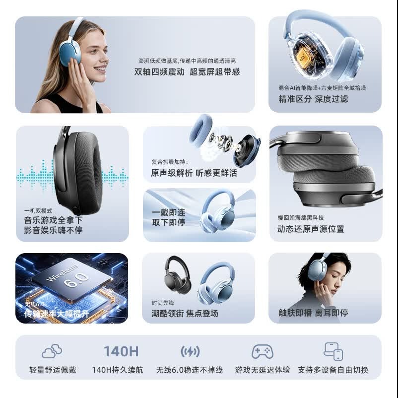 lvsonmng柏林之声适用索尼真无线蓝牙耳机头戴式国潮听歌电竞游戏有线耳麦电脑男女生跑步运动降噪蓝牙耳麦 质感黑