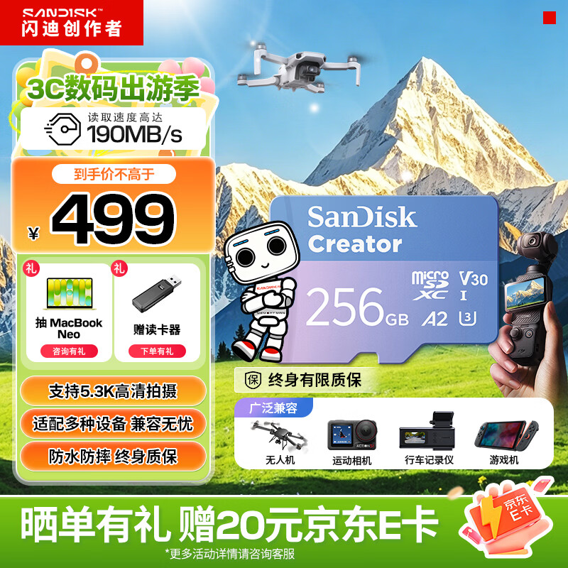 闪迪（SanDisk）创作者 闪迪内存卡TF卡 行车记录仪运动相机无人机监控存储卡 运动相机大疆pocket3/4内存卡 V30极速粉卡 256GB 官方标配