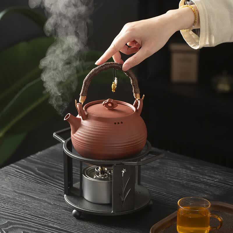 澳古原矿红泥养生烧水煮茶壶提梁壶中式简易户外铁艺酒精植物油煮茶炉 煮茶炉+红色提梁壶 540ml 不可干烧
