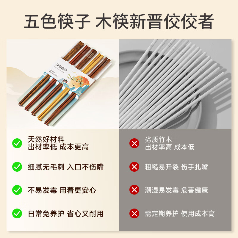 木雅轩高档花梨木筷子食品接触用实木筷家用无漆无蜡原木筷一人一色专用 五色分食筷一人一双