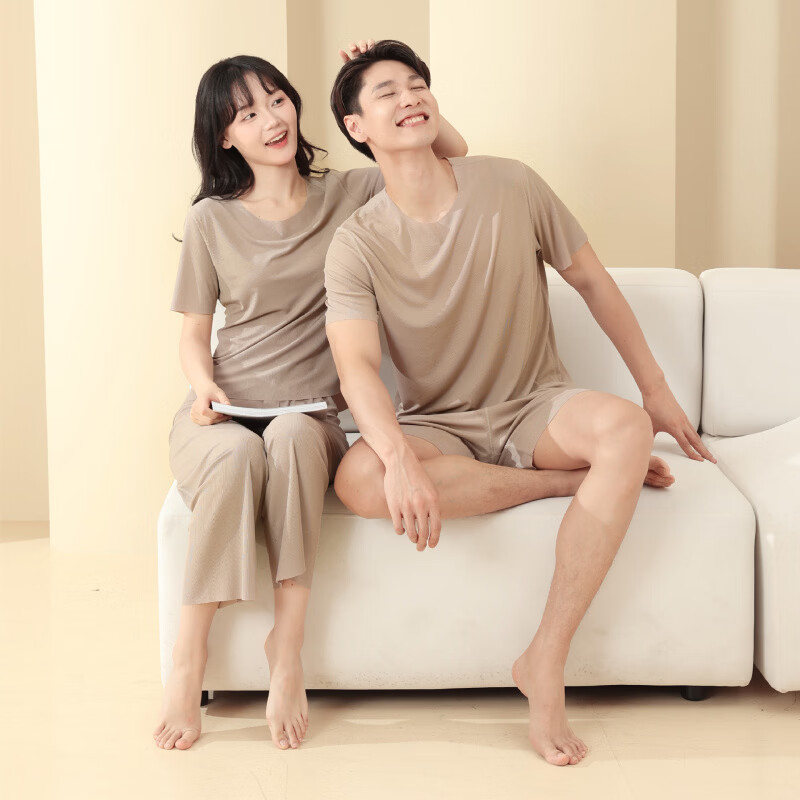 有只绵男士套装家居服女士短裤无痕冰丝打底夏季高弹休闲套装圆领 男士家居服-绿色 XL