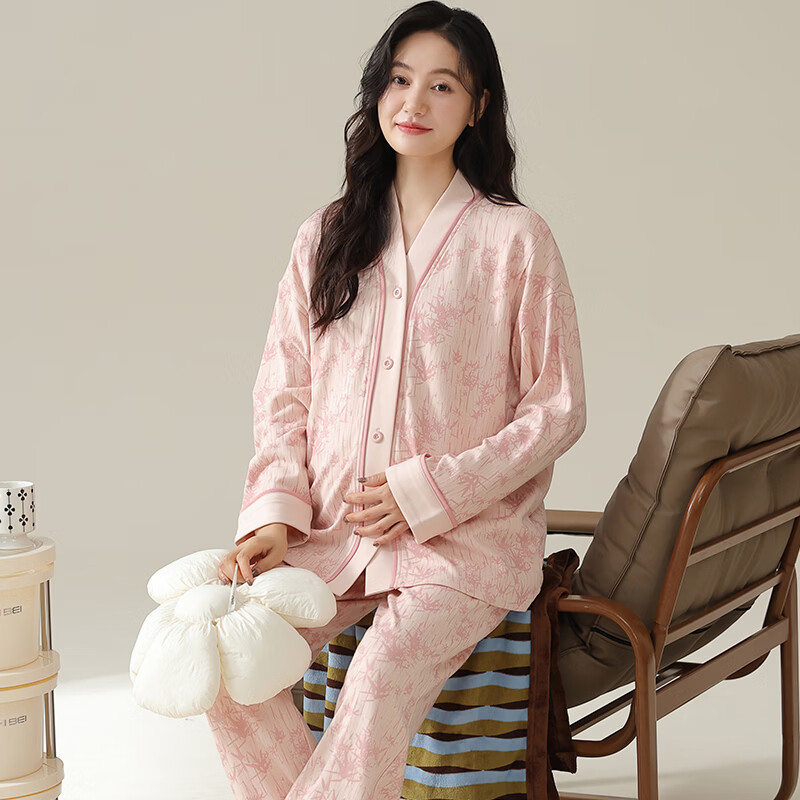 ROVO月子服产妇夏季薄款产妇孕妇睡衣套装产后哺乳家居服带胸垫 米色印花 L