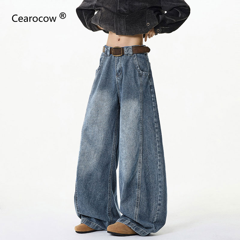CEAROCOW美式弯刀牛仔裤复古拖地阔腿长裤男春季潮牌cleanfit水洗做旧裤子 复古蓝 XL [建议110-130斤]