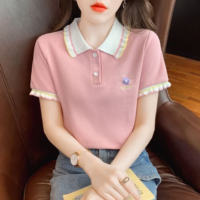 蝴蝶曼Polo衫娃娃领钉珠短袖t恤女2026夏季新款针织字母刺绣减龄上衣 粉色 均码 【建议110斤以下穿】