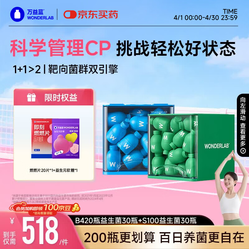万益蓝（WONDERLAB）早B420晚S100组合30瓶+30瓶 B420益生菌S100益生元棕色脂肪