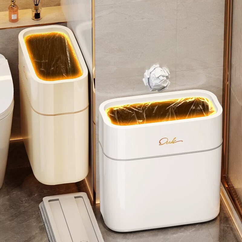 艾仕可（ASCOR）卫生间垃圾桶2026新款家用按压式客厅纸篓高颜值厕所专用带盖窄缝 大号12L/白灰色【壁挂/落地两用-稳固不掉】