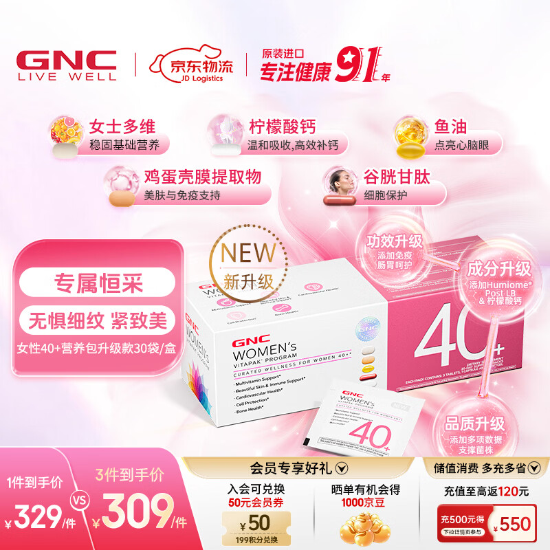 GNC健安喜 女性Vitapak每日营养包时光包 多种复合维生素 原装进口 【第二代 抗衰老提代谢】40-49岁定制营养 30袋*1盒