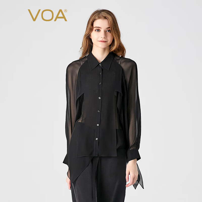 黑色polo领长袖单排扣活页百搭直筒真丝衬衫 be1375 浣溪纱-墨黑(b03)