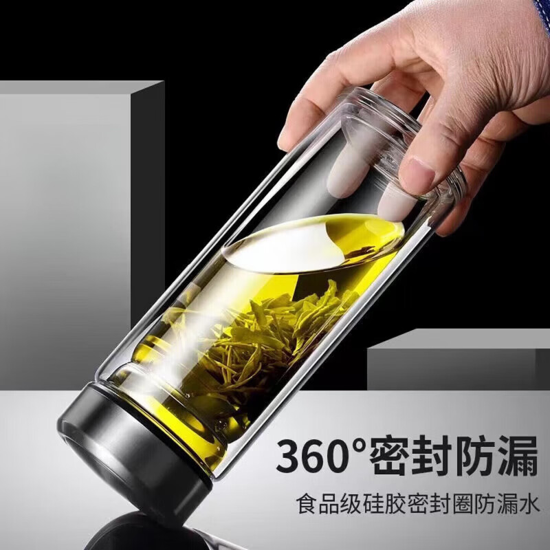 JCZS品质高硼硅钢化玻璃杯耐高温防爆防摔摔不烂双层茶杯男士水杯 【显温款】钢本色450ml 泡茶专用丨商务