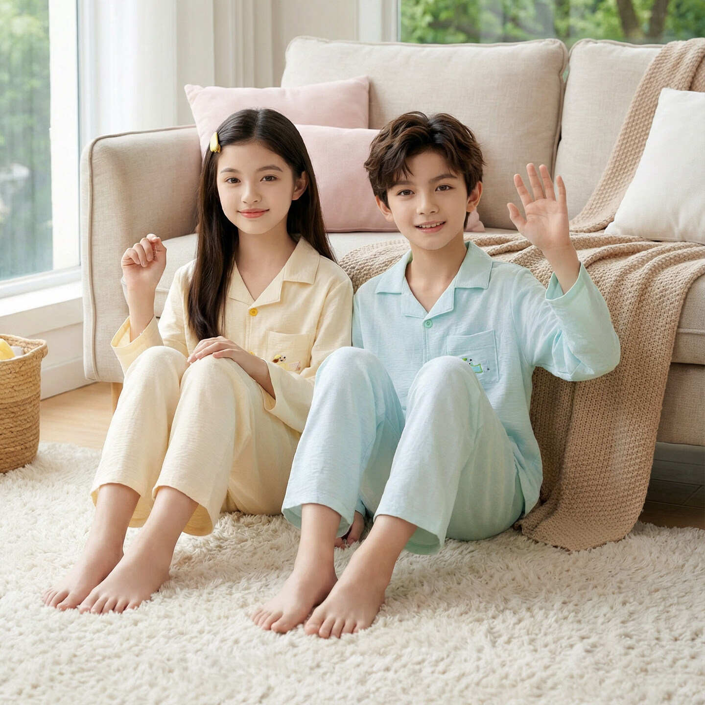 猫人儿童睡衣a类男女童春夏中大童卡通长袖薄款可外穿家居服套装 清新粉 120 【建议身高105-115cm】