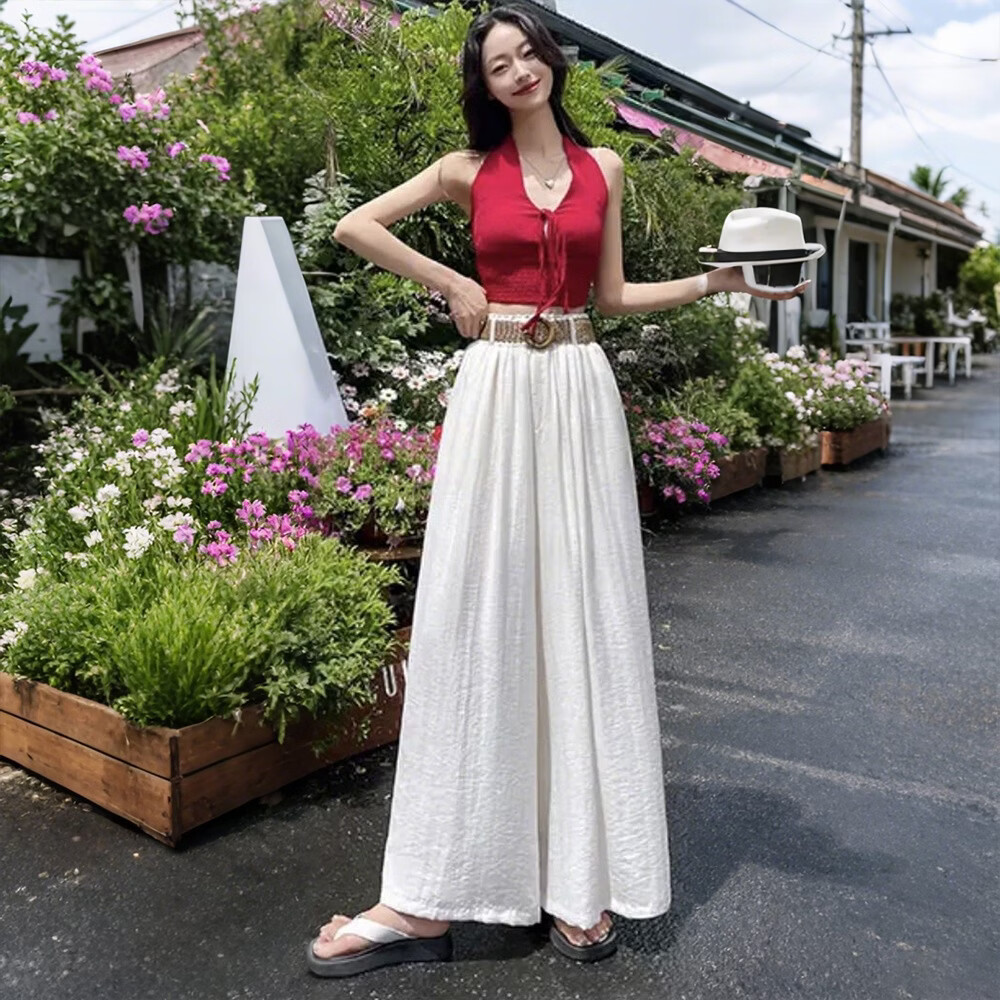CKRYZ天丝亚麻阔腿裤女夏季薄款2026新款高腰显瘦宽松直筒垂感休闲裙裤 白色 M 推荐（90-110）