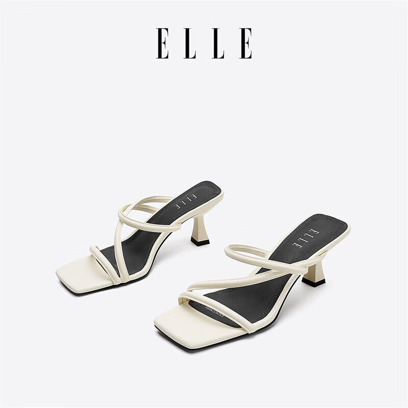 ELLE黑色方头细带高跟凉拖鞋女夏季外穿百搭中跟一字带凉鞋 米白 6.5cm 37 (235mm) 标准码