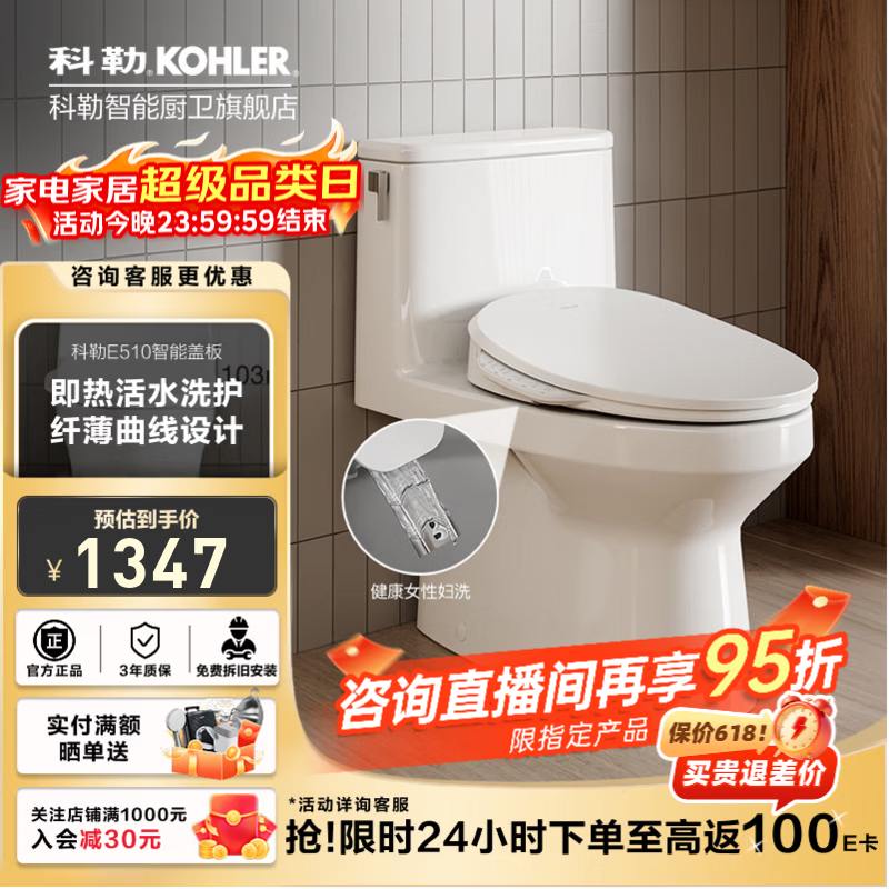 科勒（KOHLER） 智能马桶盖智能坐便盖板加热马桶座圈清舒宝洁身器冲洗盖板 即热薄款智能盖35054T