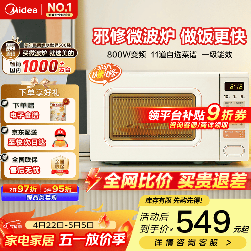 美的（Midea）小滋味系列变频微波炉M2H2 转盘式奶油风百搭复古 易清洁内胆 20L家用小型 一级能效 奶白色