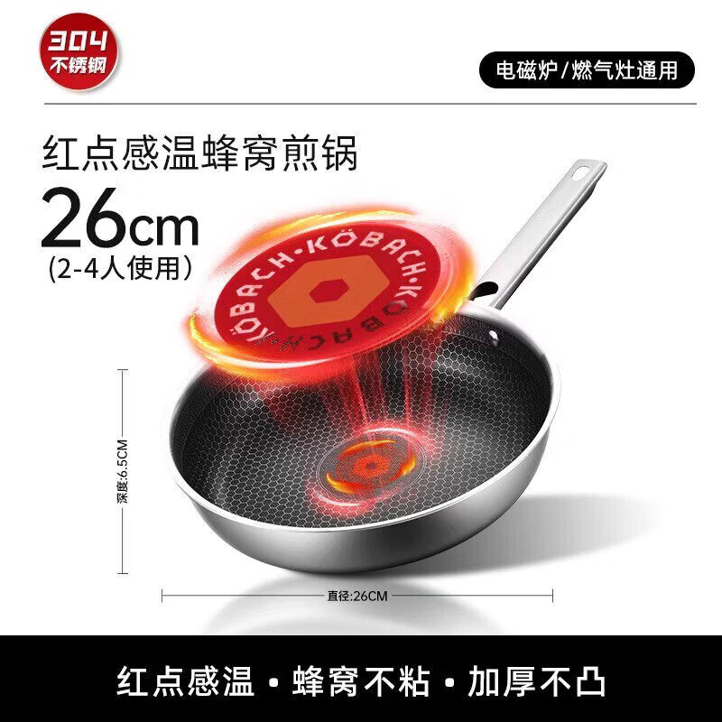 康巴赫不锈钢平底锅不粘锅家用蛋牛排煎锅电磁炉燃气灶专用炒菜锅 【304不锈钢】-红点感温煎锅 26cm