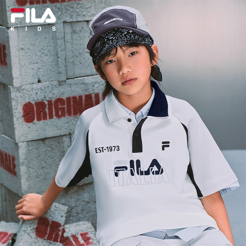 FILA【液氨整理】斐乐儿童童装短袖T恤2026夏季新款男中大童POLO 云菇白-WT 140