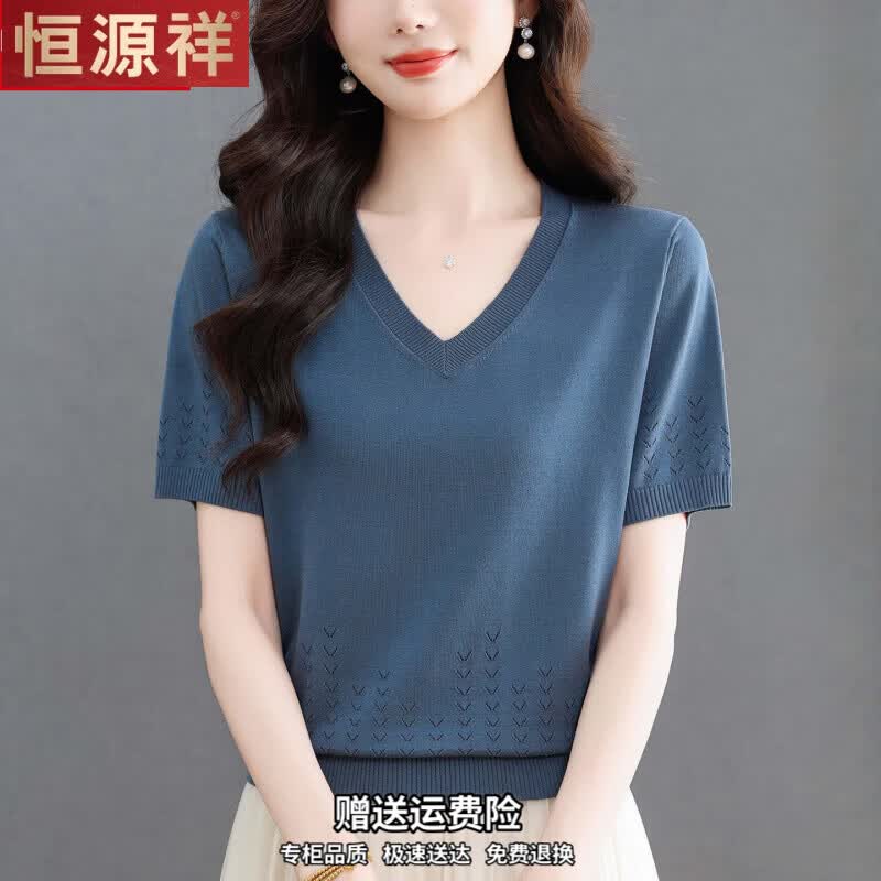 恒源祥桑蚕丝短袖t恤女夏季新款针织宽松大码薄款T恤打底衫上衣女装 黑色 4XL 适合145-155斤