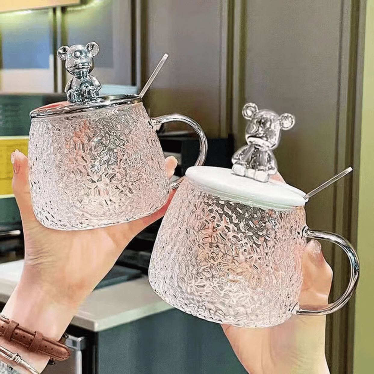 创意锤纹小熊玻璃杯女ins风高颜值水杯家用带盖透明早餐牛奶杯子 两套 京东折扣/优惠券