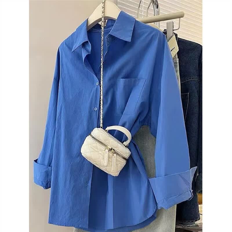 100%纯棉甜美显白浅紫色衬衫女衣外套百搭气质休闲上衣开衫 克莱因蓝色 有口袋 508 S