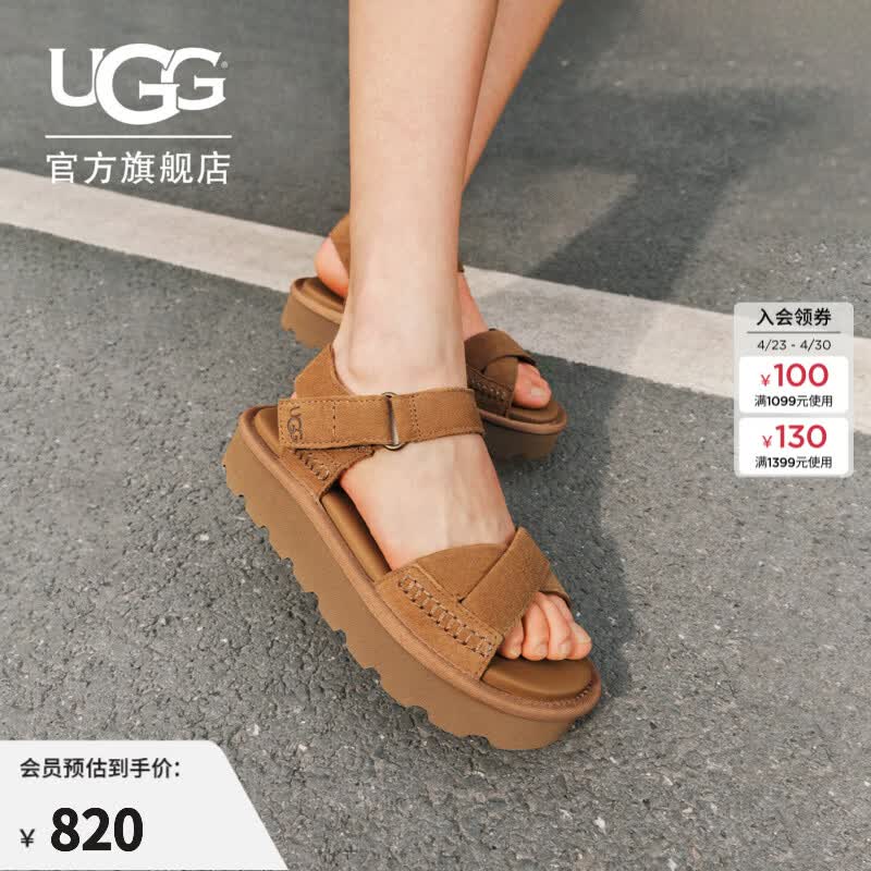 UGG夏季新款女士时尚舒适纯色厚底露趾魔术贴搭扣休闲凉鞋1178875 CHE | 栗色 38 脚背高、脚宽，建议拍大一码