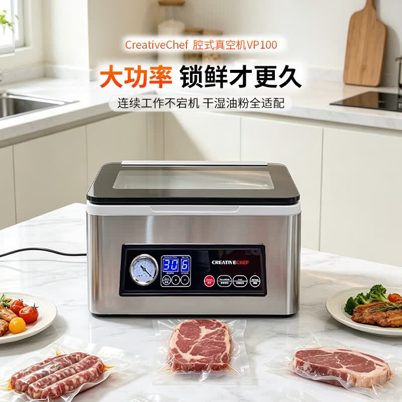 Creativechef商用真空封口机包装机保鲜机密封机小型家用封口机真空食品酒店腔式真空包装机 【锁鲜神器】银色 VP100 家用款