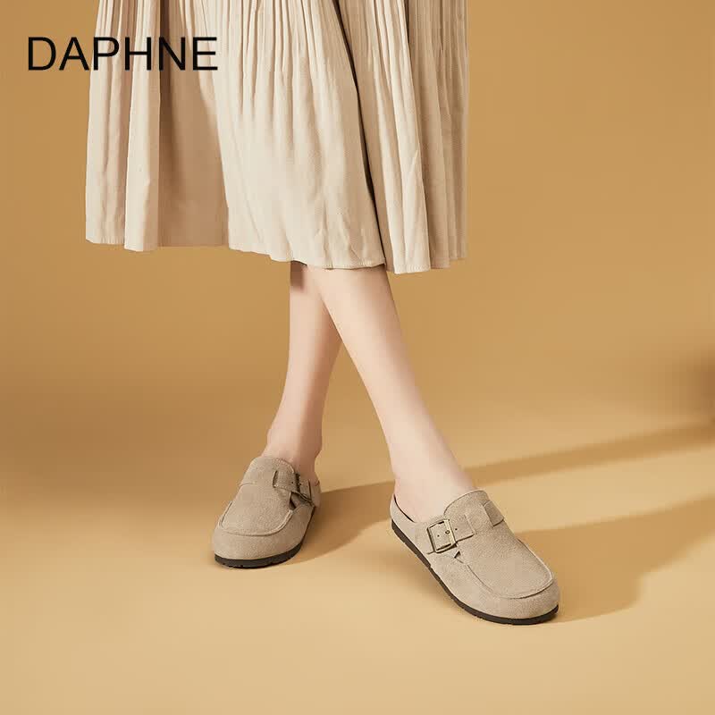 DAPHNE达芙妮牛皮复古文艺风圆头搭扣深口单鞋女2026年春季新款休闲厚度勃肯鞋 卡其色 40