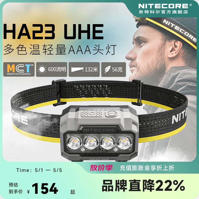 奈特科尔ha23 uhe多色温600流明轻量化跑步头灯AAA电池徒步登山头戴灯 黑色