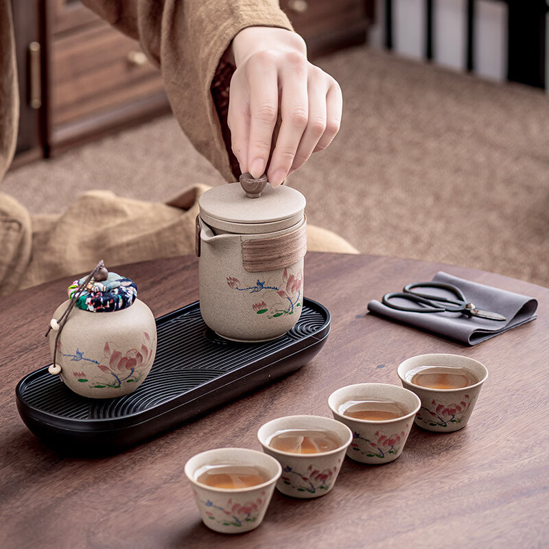 星舵旅行茶具套装一壶三杯粗陶快客杯便携式户外露营泡茶商务伴手礼品 粗陶旅行快客椭圆包+茶盘套组雪