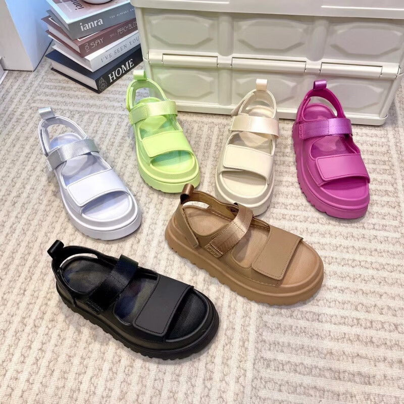 UGG EVERSHEEPSKINS2026新款夏季女士一字带炫金魔术贴厚底凉鞋时尚女鞋外穿沙滩拖鞋 UGG同款石英粉 39
