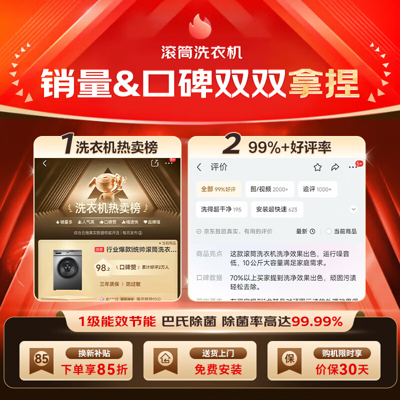 统帅（Leader）海尔智家滚筒洗衣机全自动家用10公斤超薄 一级能效 家电国家补贴 TQG100-B29S