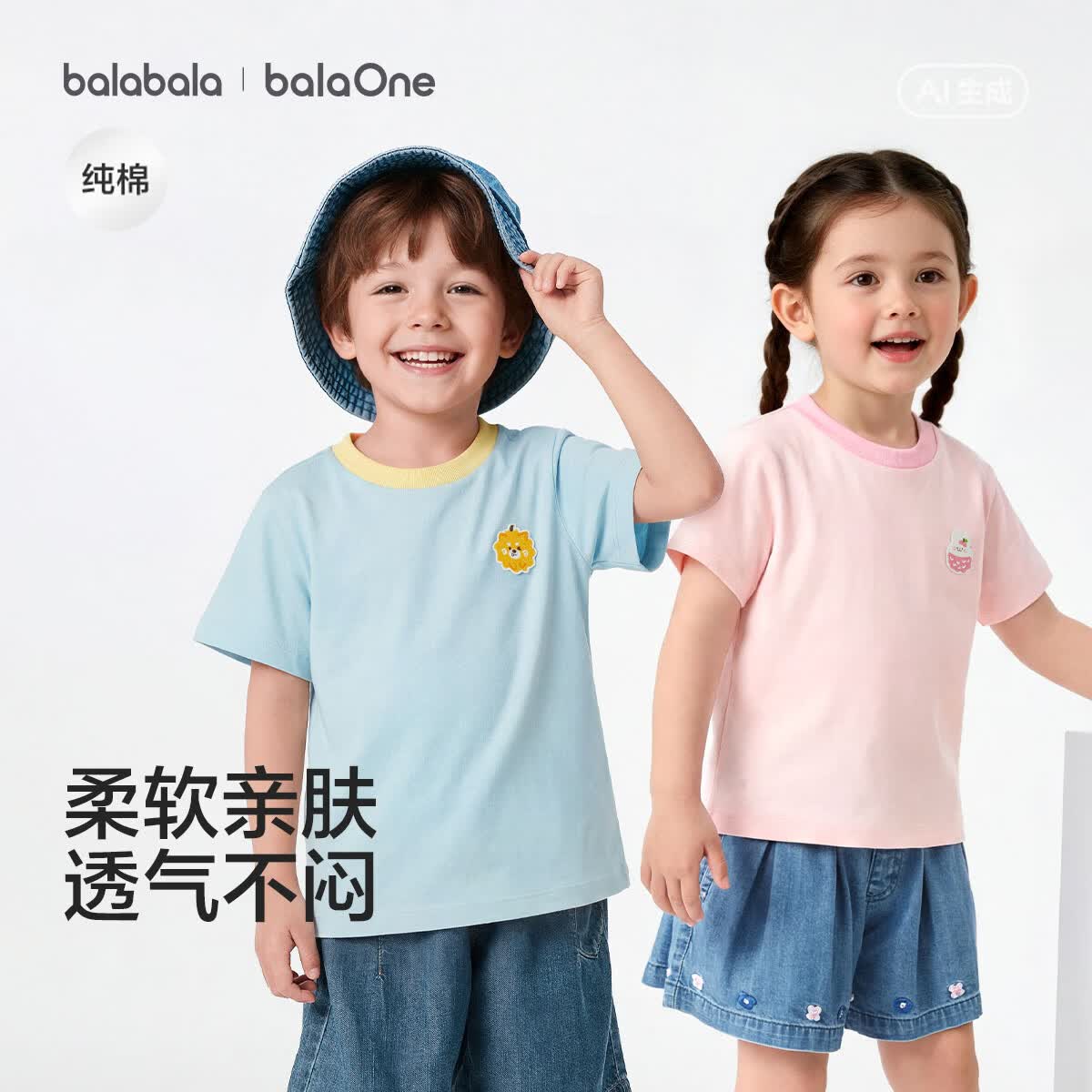 巴拉巴拉【balaOne】童装短袖t恤男女童2026夏装纯色休闲上衣