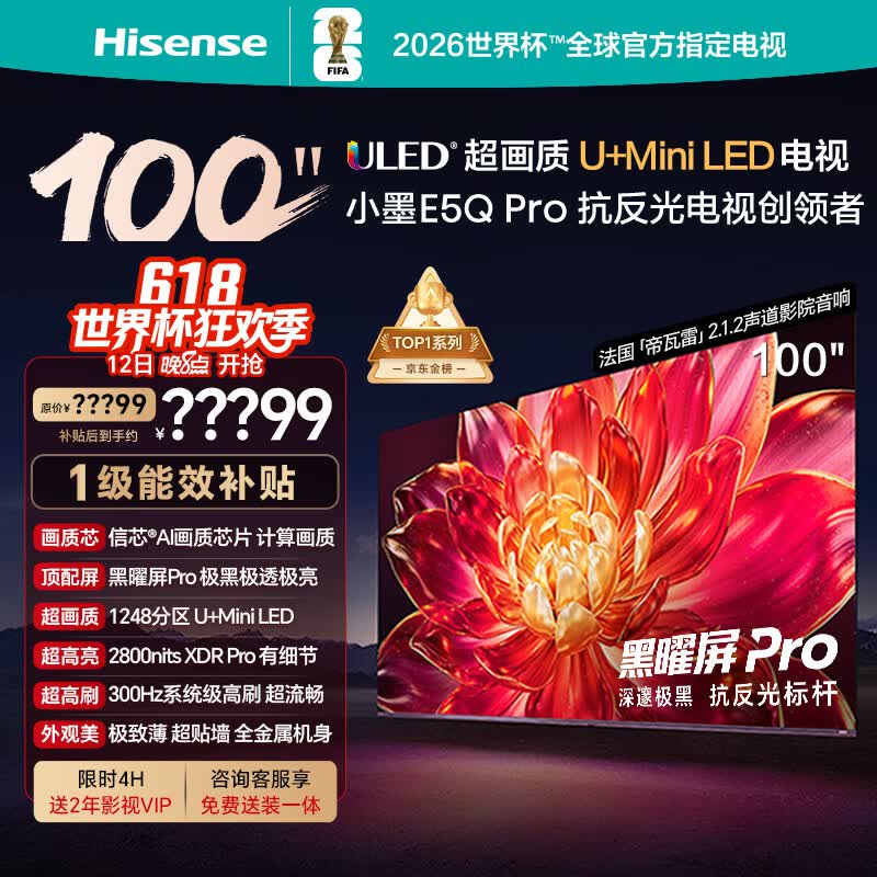 海信电视小墨E5Q Pro 100吋 1248分区U+MiniLED 信芯芯片极黑极透黑曜屏Pro限时补贴世界杯100E5Q-PRO