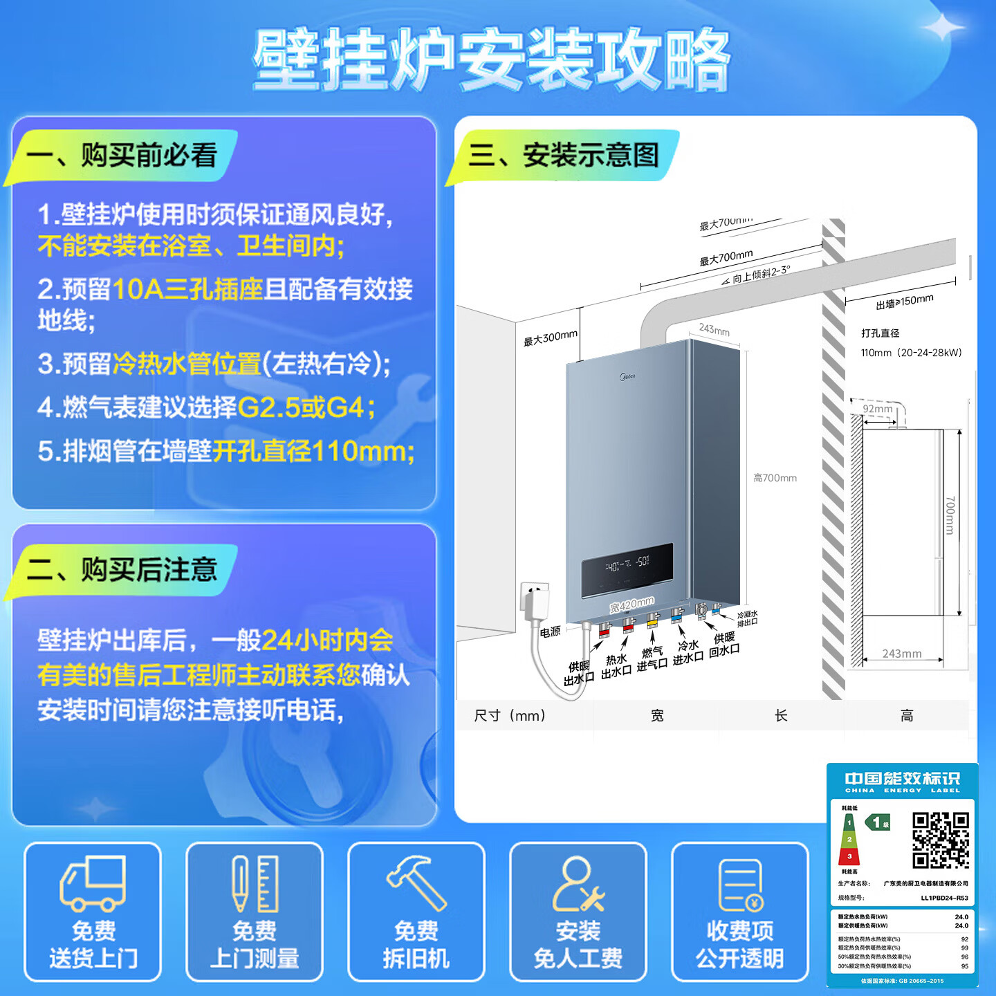 美的（Midea）壁挂炉R53一级能效冷凝炉天然气采暖锅炉热水供暖两用地暖暖气片以旧换新 一级能效 24KW121-180㎡ R53一级能效冷凝